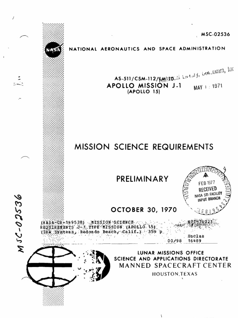 Apollo Mission J1 (Apollo 15) Mission Science Requirements Preliminary