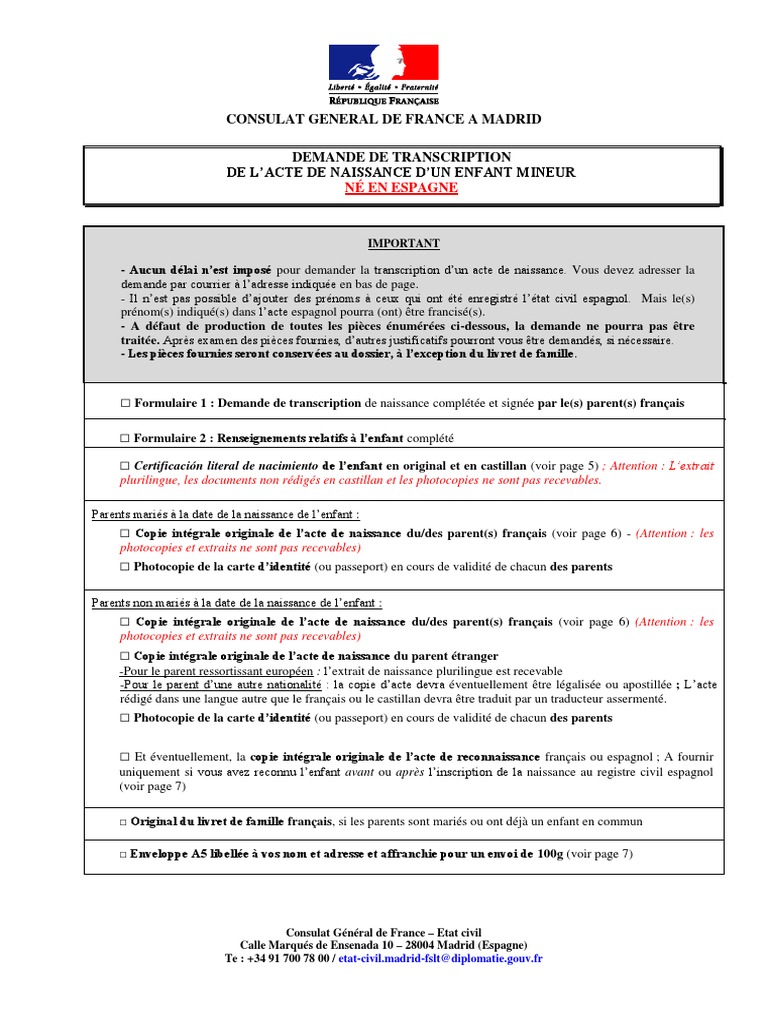 Demande de transcription acte de naissance | PDF | Certificat de ...