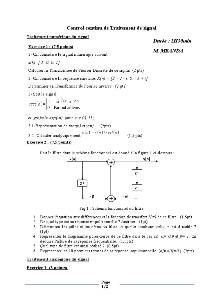 Contrôle continu en traitement de signal | PDF | Filtre (électronique ...
