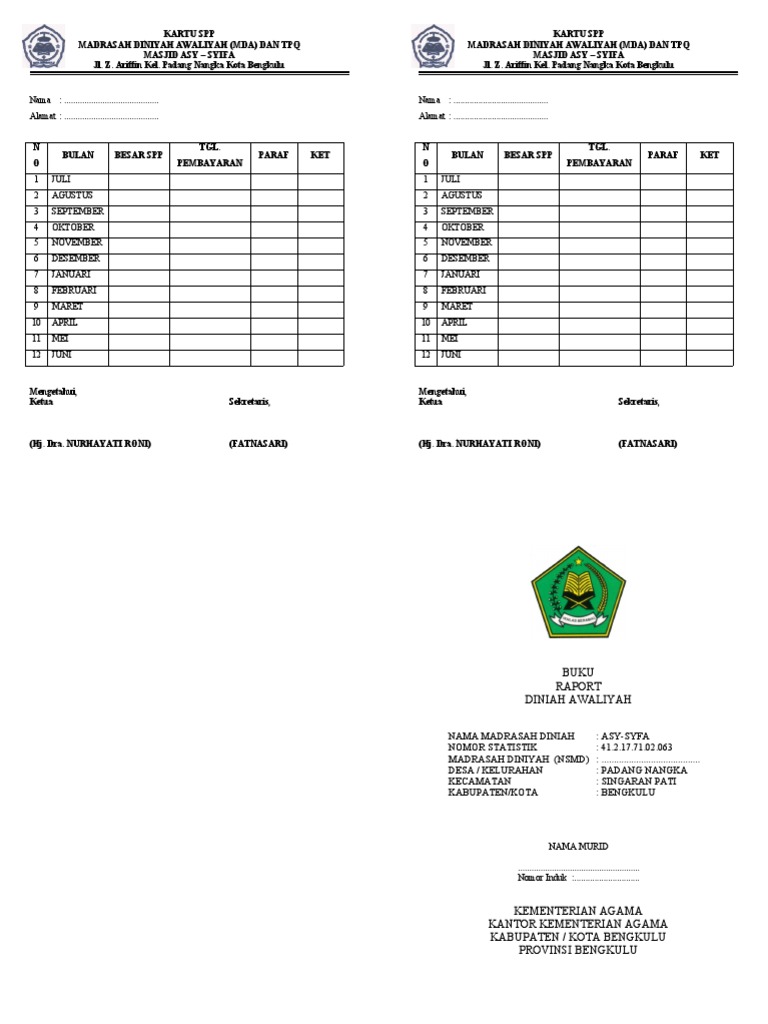 Kartu SPP Madrasah dan TPQ Asy-Syifa | PDF