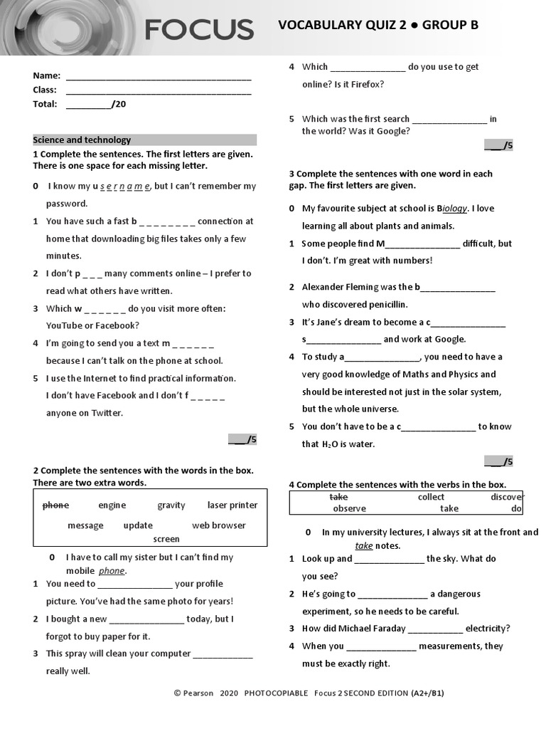 Focus2 2E Vocabulary Quiz Unit2 GroupB | PDF | Internet | World Wide Web