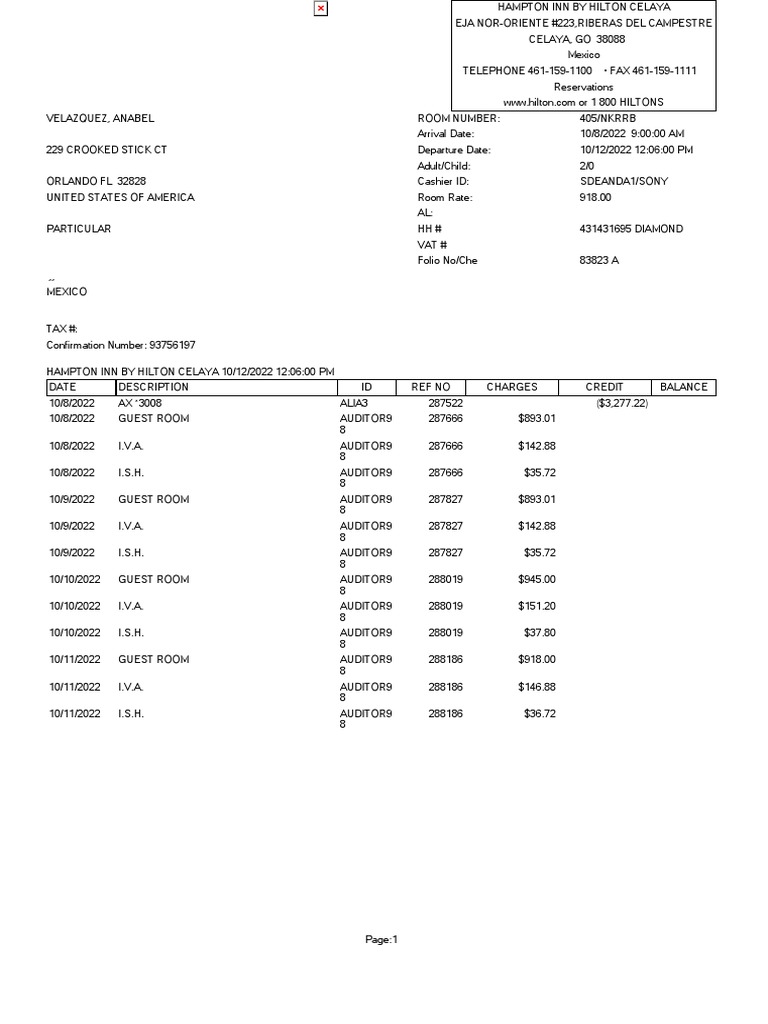 Hampton Inn Celaya Stay Invoice | PDF | Payments | Hotel