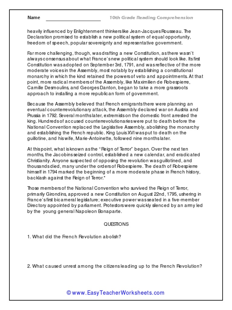 10th Grade Reading Comprehension Questions PDF