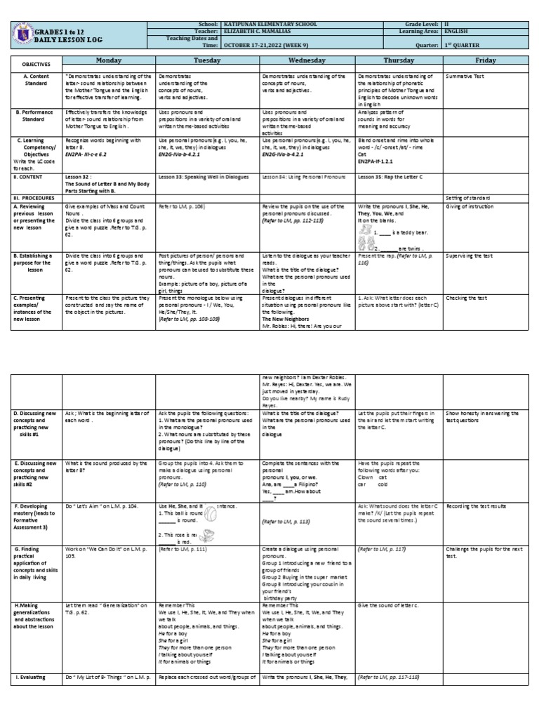 Grade 2 DLL Week 9 Overview | PDF | English Language | Word