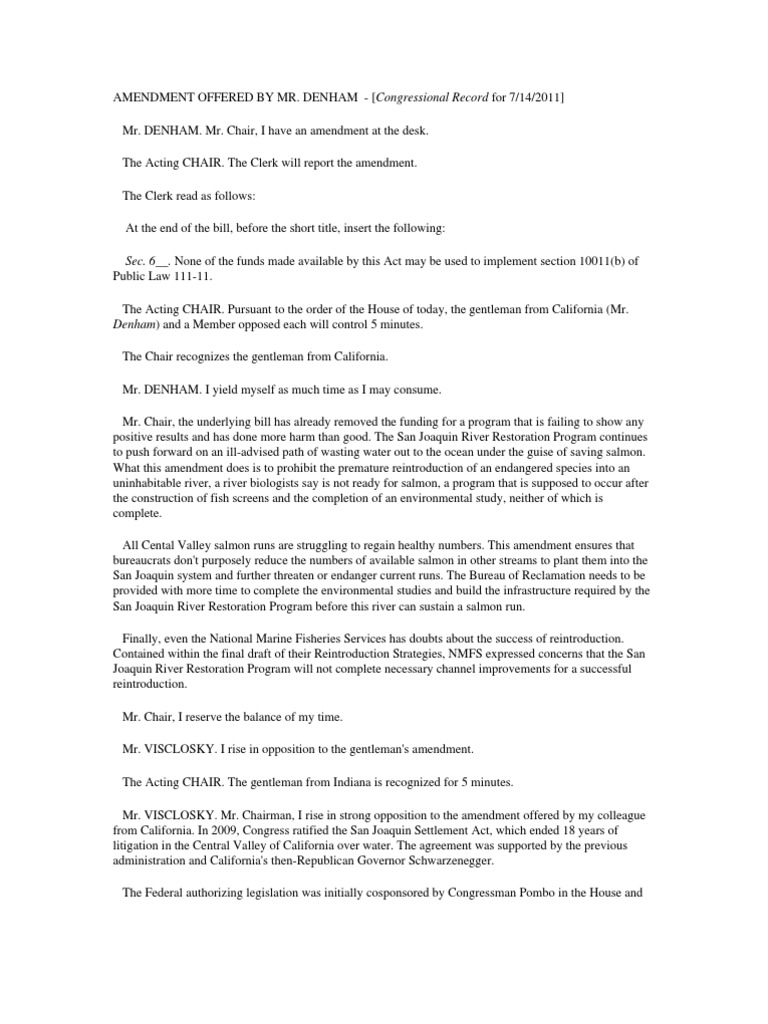 Congressional Record Denham Amendment 7 14 2011 | PDF | San Joaquin ...