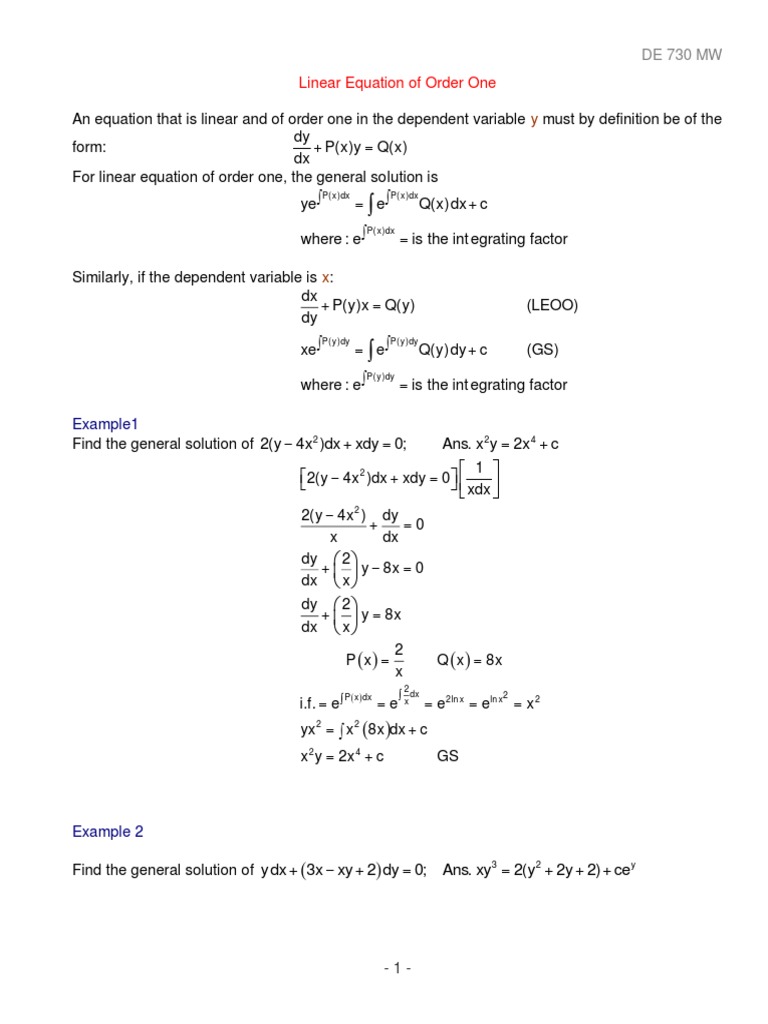Linear Equation of Order One Dy P (X) y Q (X) DX PDF Equations