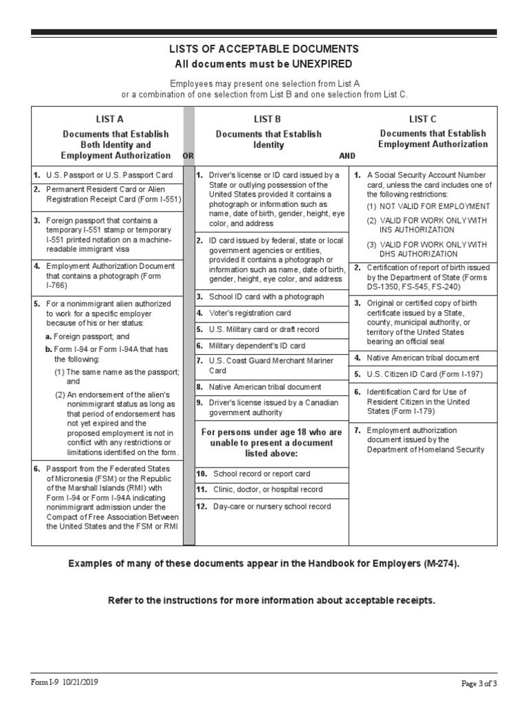 List of acceptable i 9 documents v2 pdf identity document passport