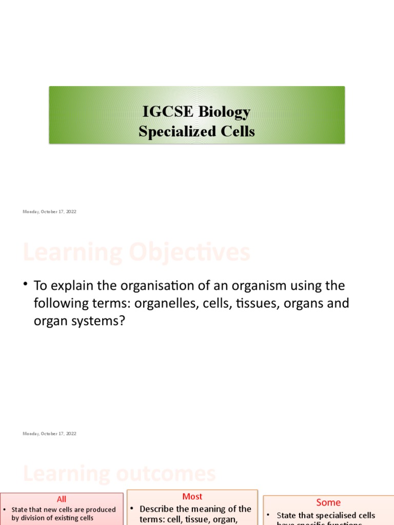Specialized Cells in IGCSE Biology | PDF | Cell (Biology) | Tissue ...