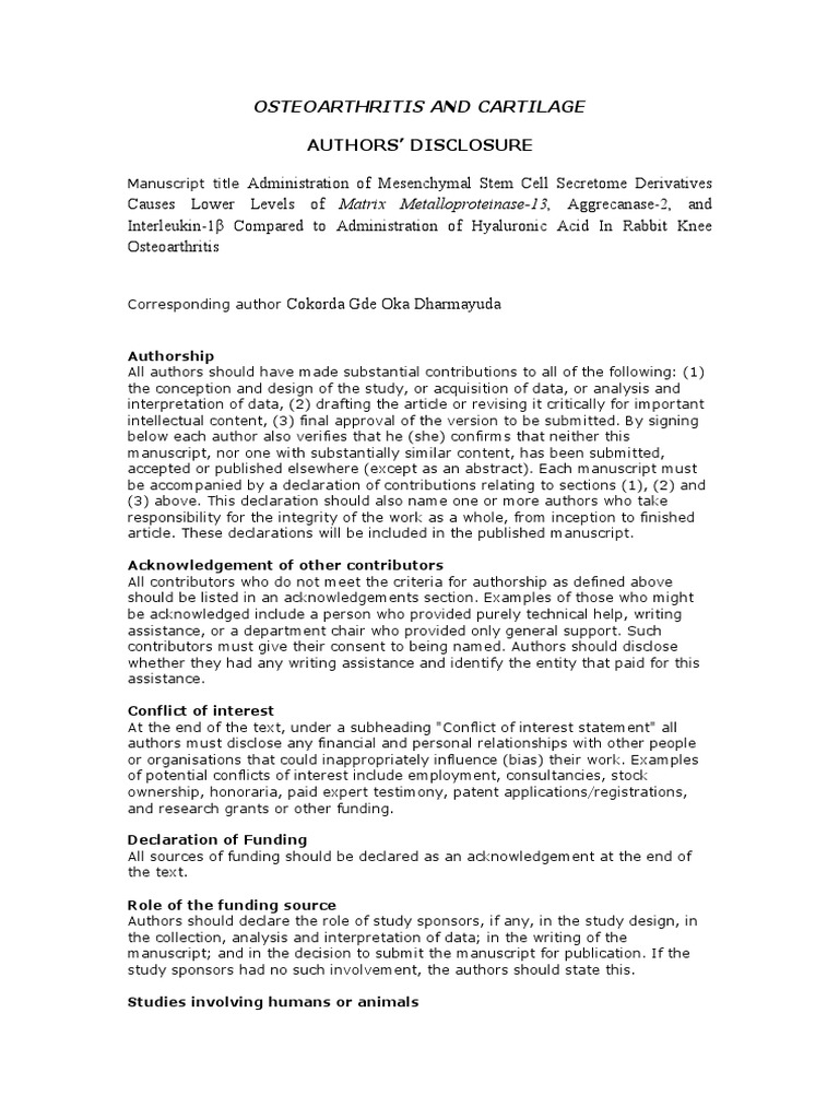 Author Disclosure for Osteoarthritis Study | PDF | Clinical Trial ...