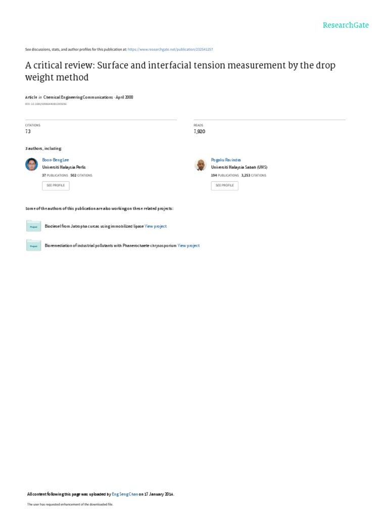 A Critical ReviewSurface and Interfacial Tension Measurement by The