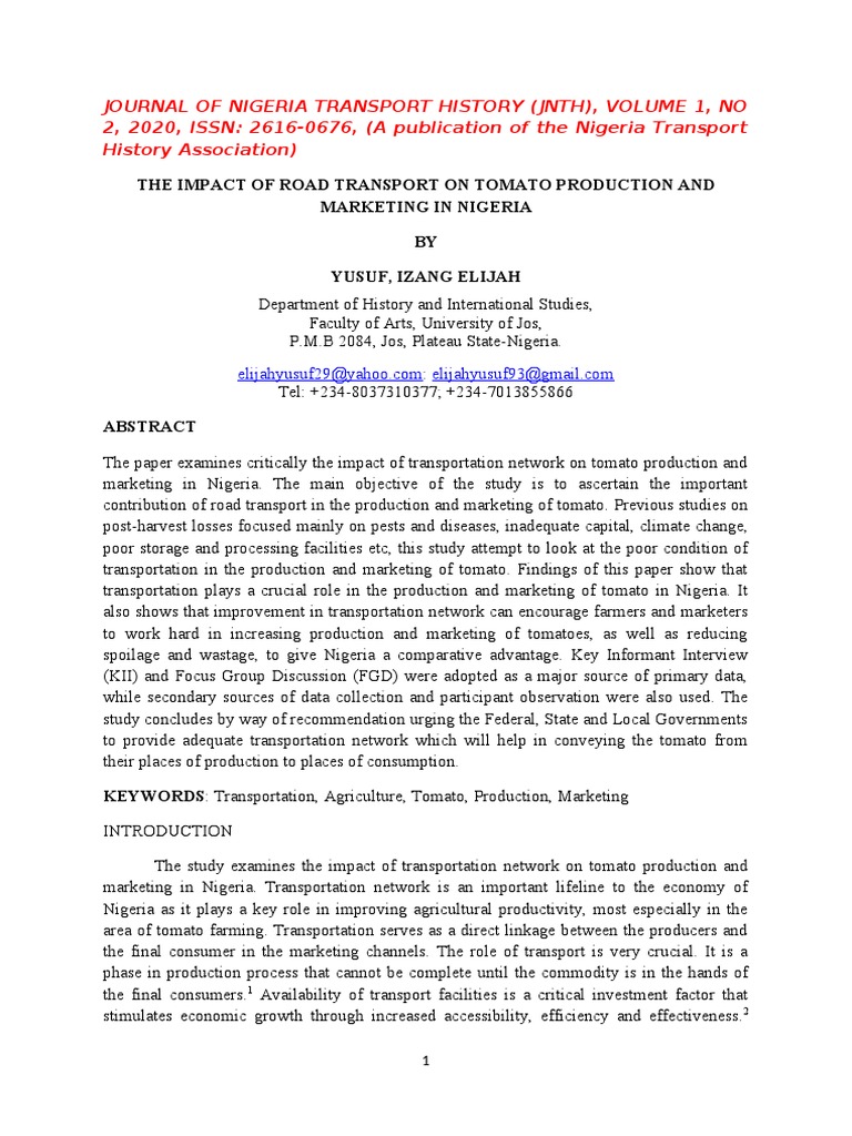 The Impact of Road Transport On Tomato Production and Marketing in ...