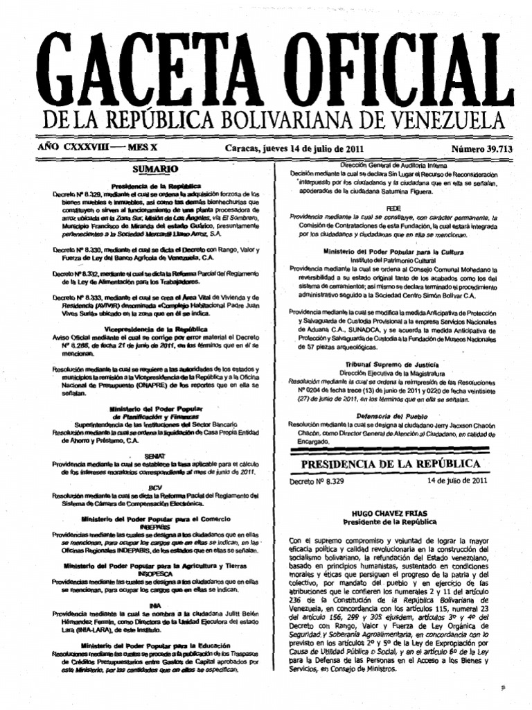 Gaceta Oficial Nro. 39713 14JUL11