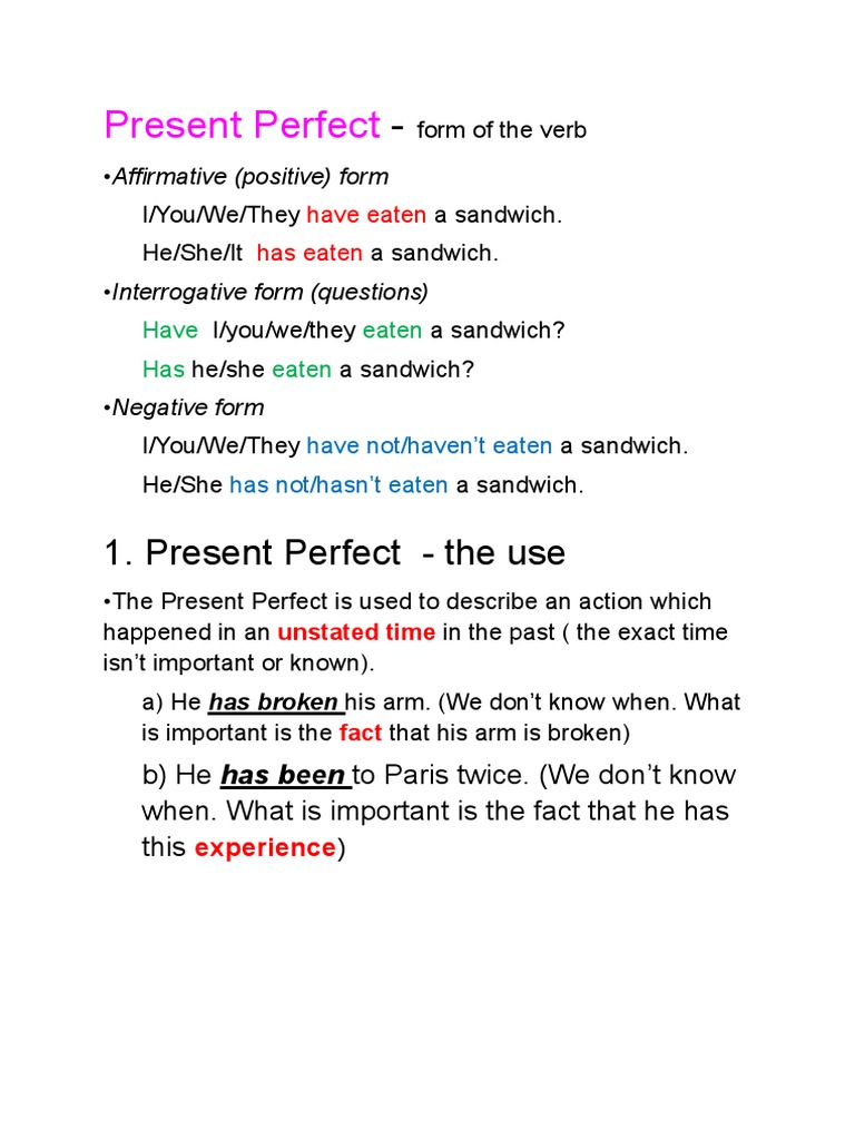Present Perfect Verb Usage Guide | PDF | Perfect (Grammar) | Syntax