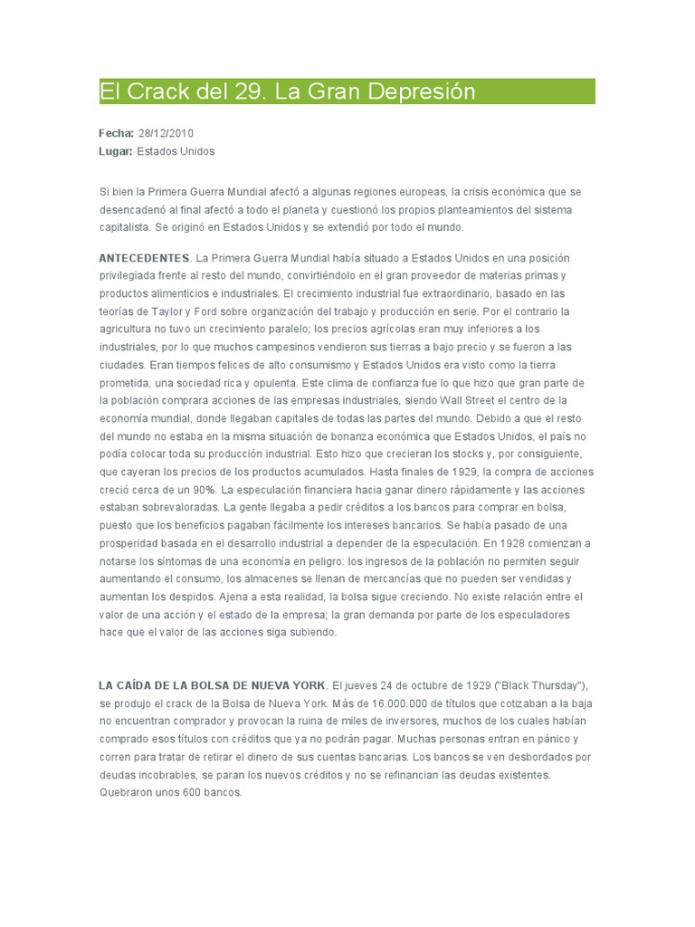 El Crack del 29 y la Gran Depresión | PDF | Gran depresion | Accidente ...