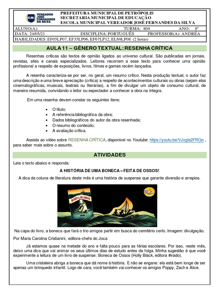 Atividades sobre Resenha Crítica 5º Ano | PDF | Crítica | Abstract (resumo)