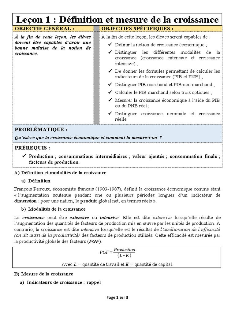 Leçon 1 - Définition Et Mesure de La Croissance | PDF | Produit ...