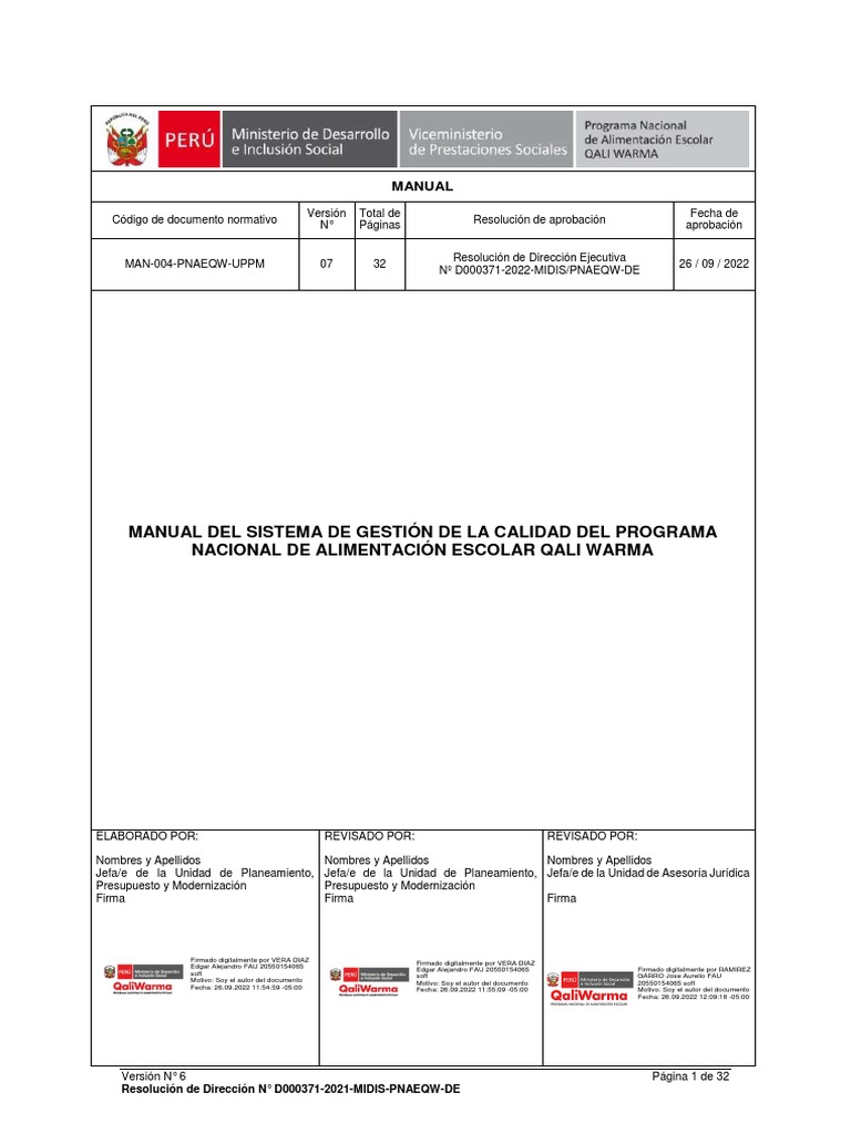 Manual de Calidad Qali Warma 2022 | PDF | Gestión de la calidad ...