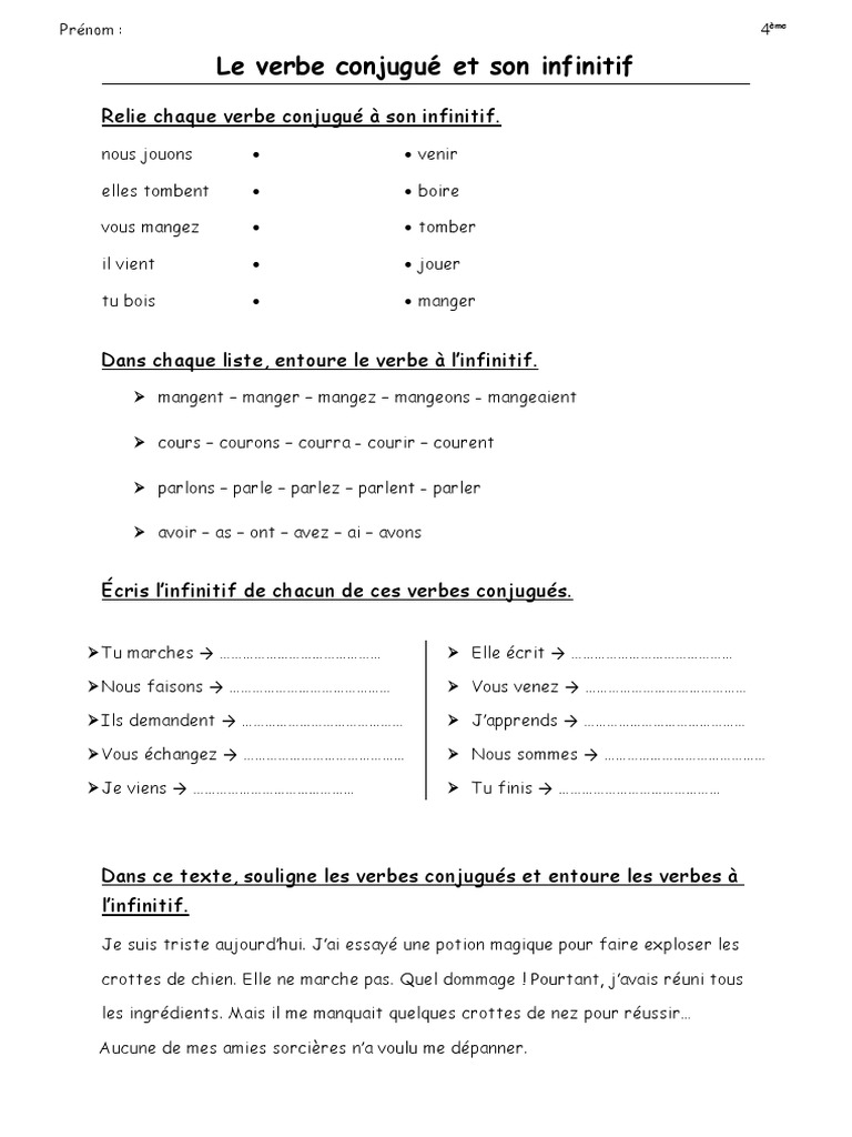 Le Verbe Et Son Infinitif Ce2 Pdf Conjugaison - Le Verbe Conjugué Et Son Infinitif P4 | PDF | Conjugaison |  Relations syntaxiques