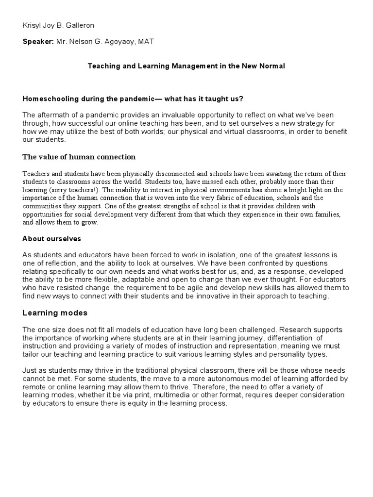 Teaching and Learning Management in The New Normal | PDF | Distance ...