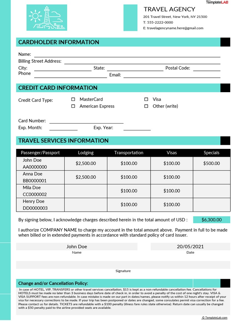 travel agency credit card authorization form