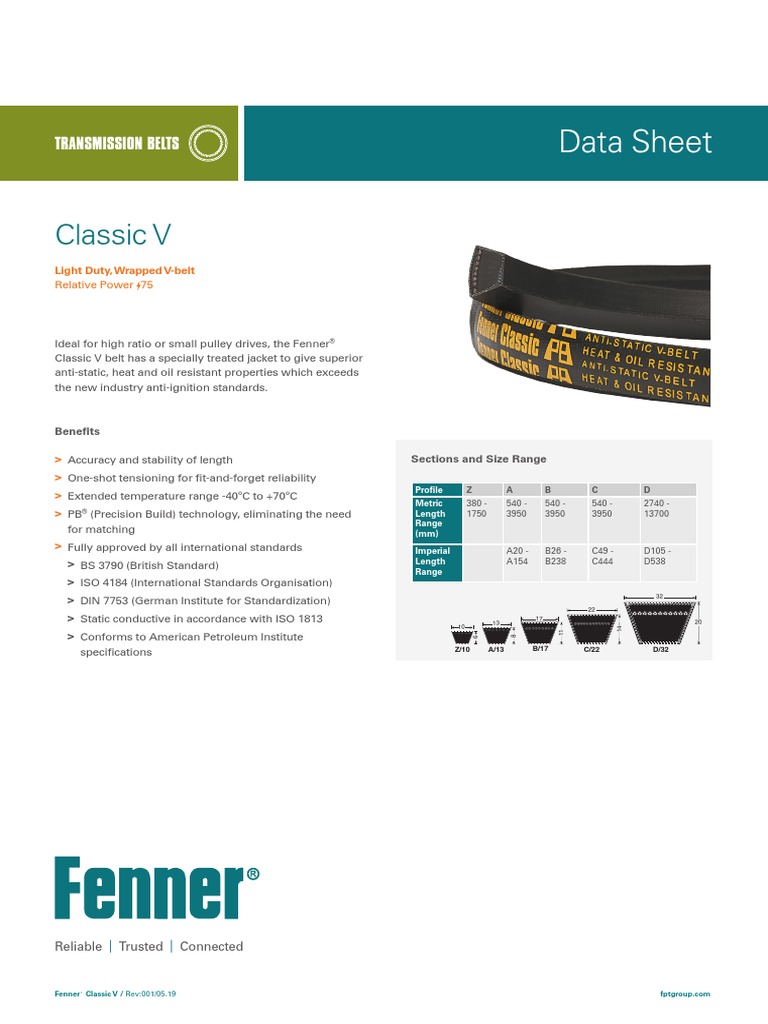 Fenner Datasheet Classic V Belts PDF Belt (Mechanical) Applied