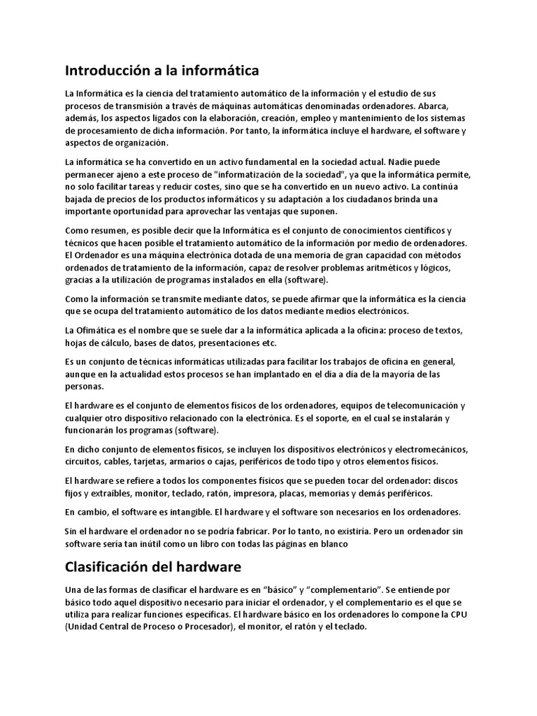 Introducción a la Informática y Hardware | PDF | Informática