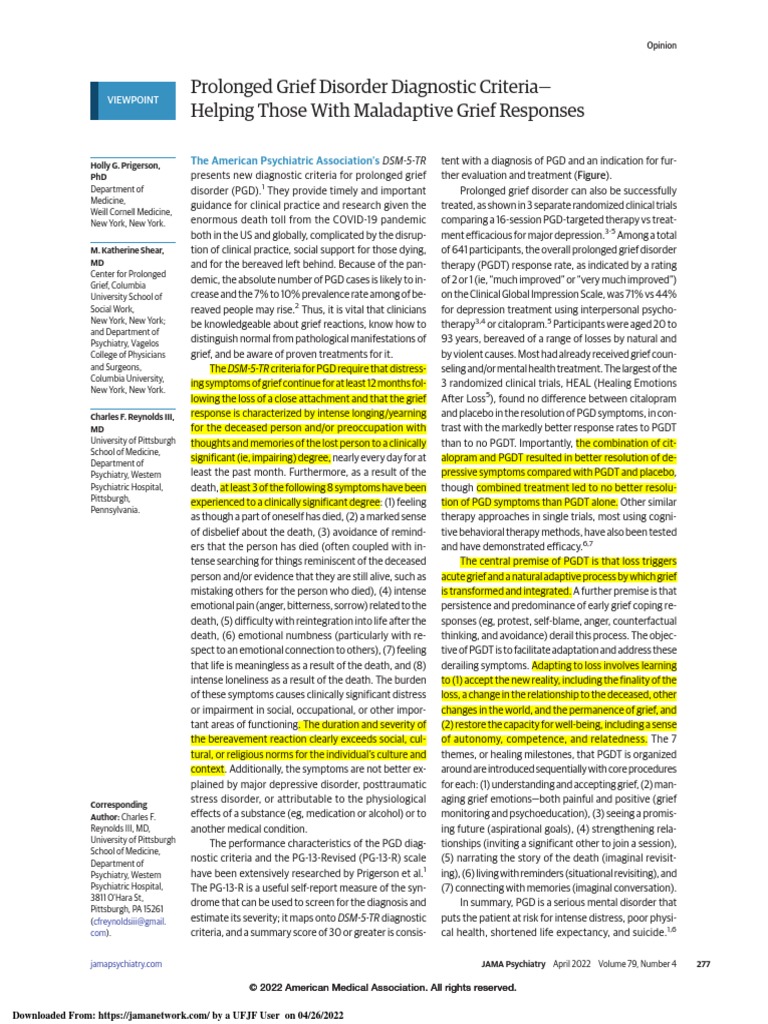 Prolonged grief disorder diagnostic criteria jama pdf grief