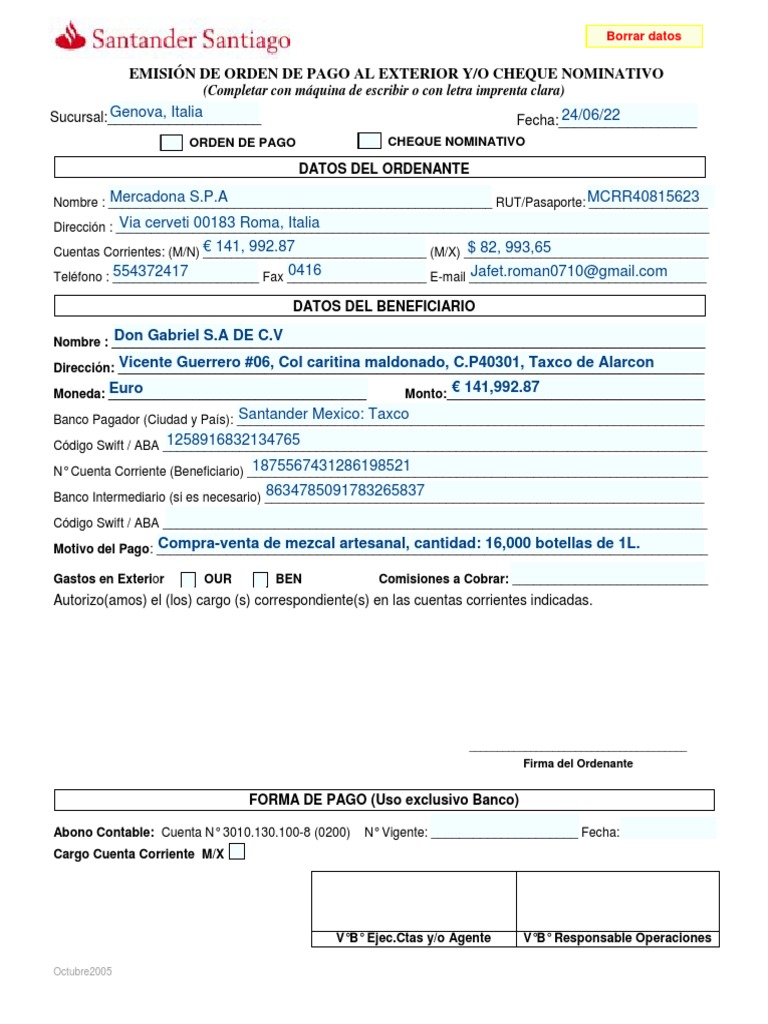 Orden de Pago Internacional y Cheque PDF Industrias de servicio