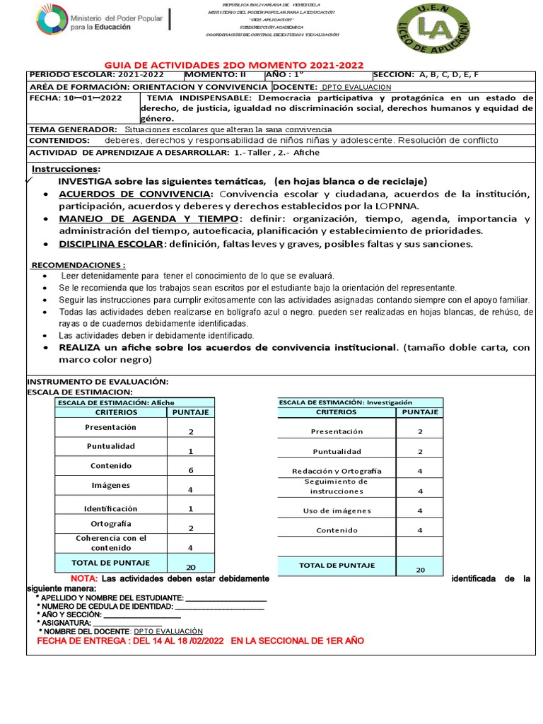 1er Año Orientacion y Convivencia Guia de Actividades 2do Lapso 2022 ...
