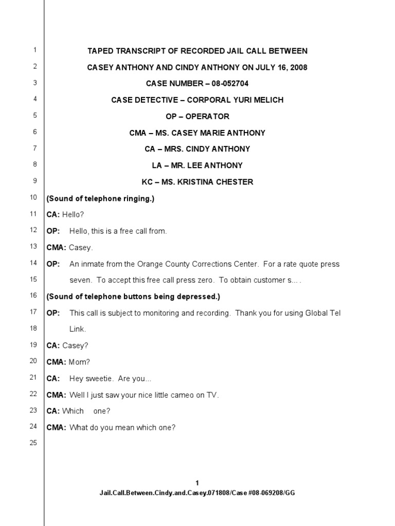 Casey Anthony Jail Call Transcript | PDF | Leisure