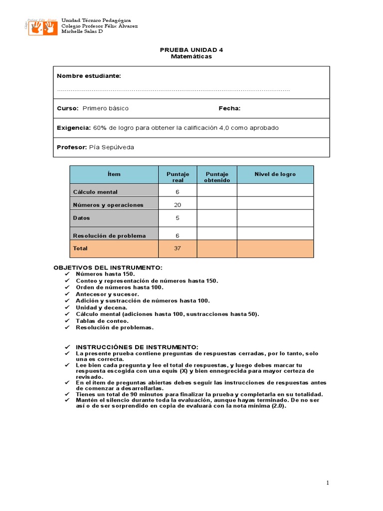 Prueba Unidad 4 Matemáticas Primero Básico | PDF