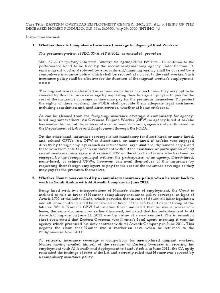 Eastern overseas employment center inc et al v heirs of the