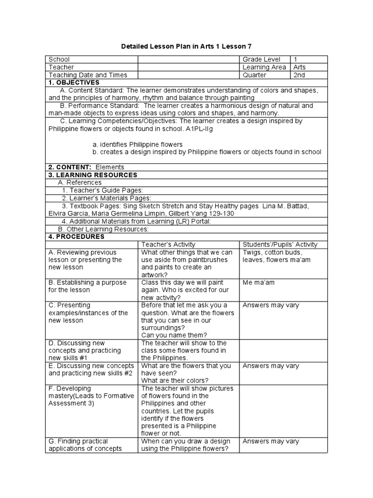 Arts Lesson Plan: Philippine Flowers | PDF | Teachers | Cognitive ...