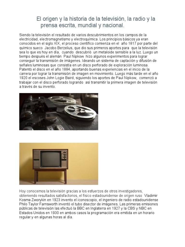 Origen y La Historia de La Televisión Radio y Prensa Nacional y Mundial ...