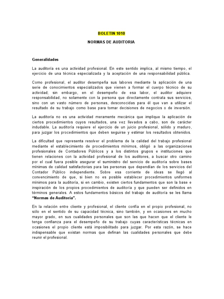 Boletin 1010 2010 Normas de Auditoria | PDF | Auditoría | Contralor