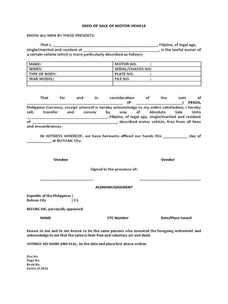 Motor Vehicle Deed of Sale Template | PDF