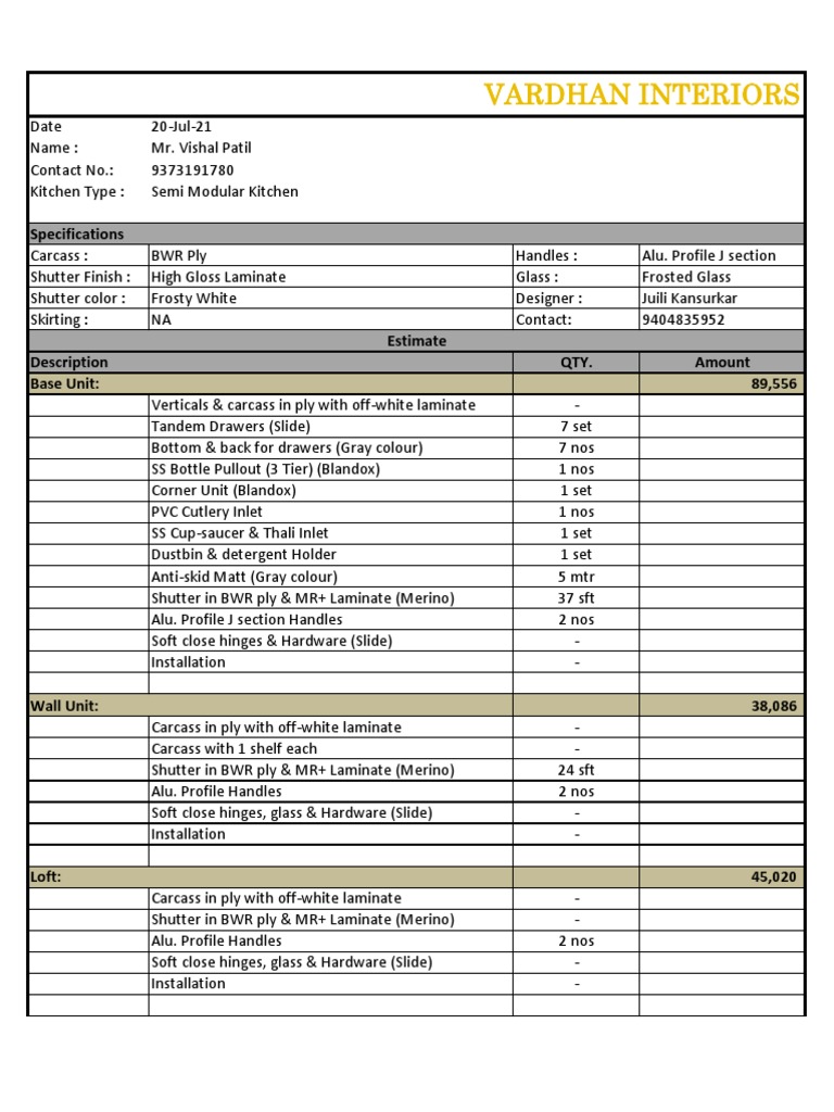 Semi Modular Kitchen Estimate Details | PDF | Equipment | Manufactured ...