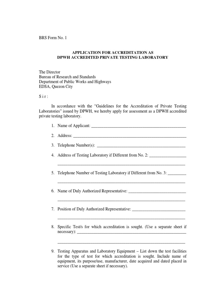 APPLICATION For LAB Accreditation For BRS PDF Laboratories