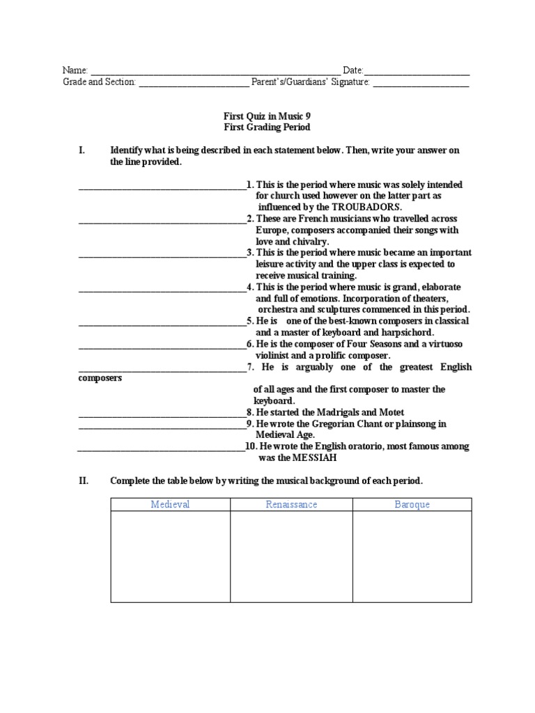 Quiz No 1 Music 9 PDF Composers Performing Arts