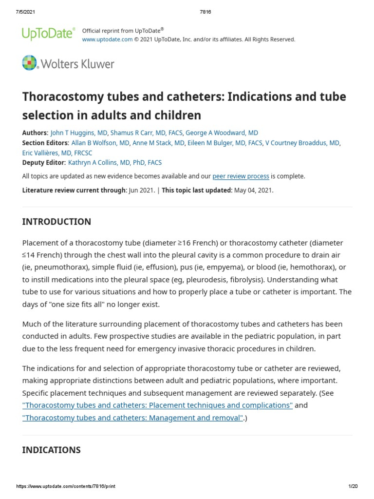 Thoracostomy Tubes and Catheters Indications and Tube Selection in
