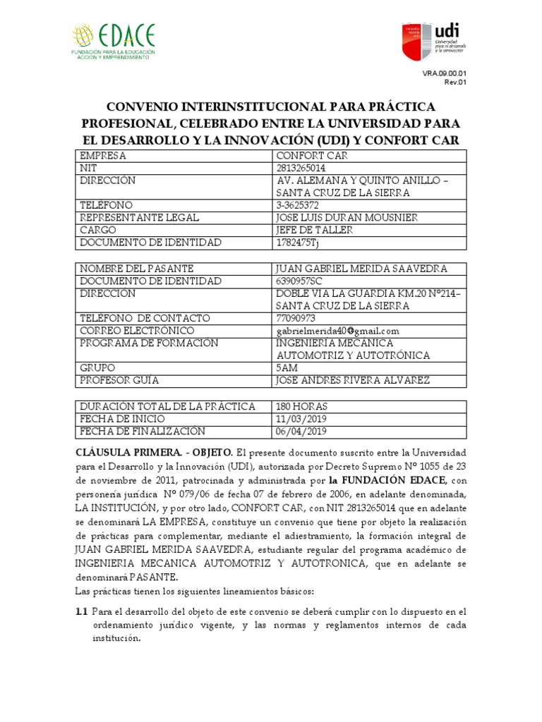 Convenio Interinstitucional Para Práctica Pdf Business