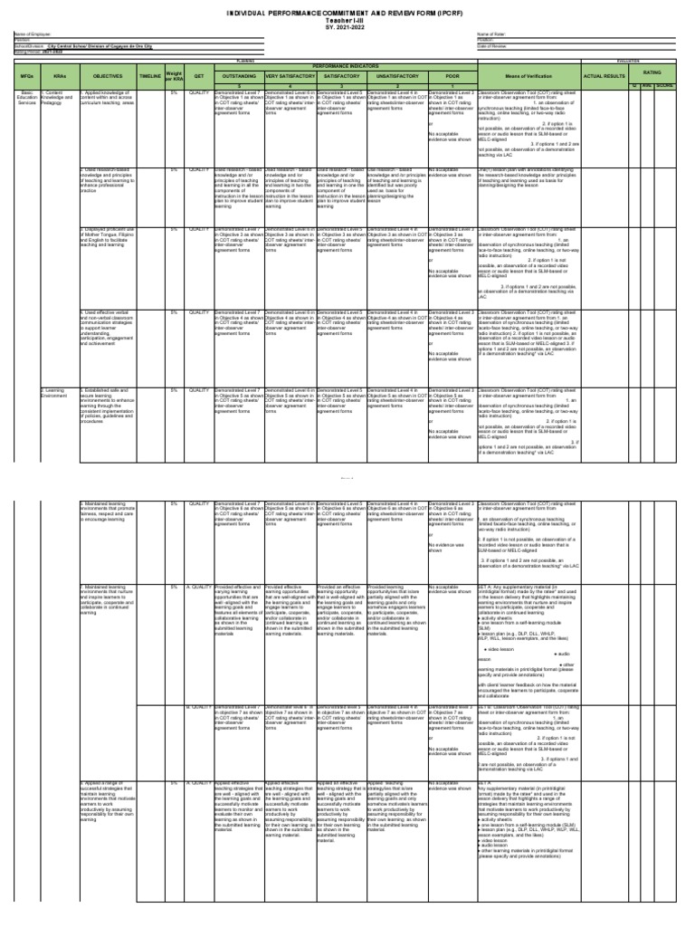 IPCRF Template for Teachers 2021-2022 | PDF | Learning | Educational ...