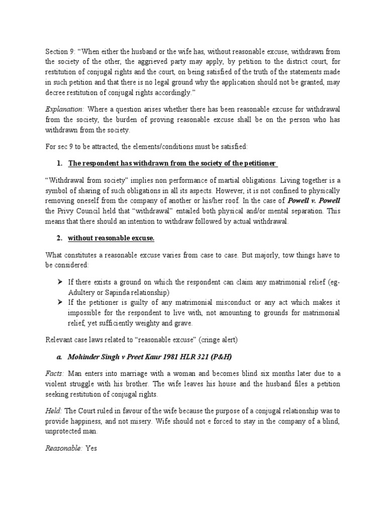 Sec-9 Restitution of Conjugal Rights | PDF | Marriage | Divorce