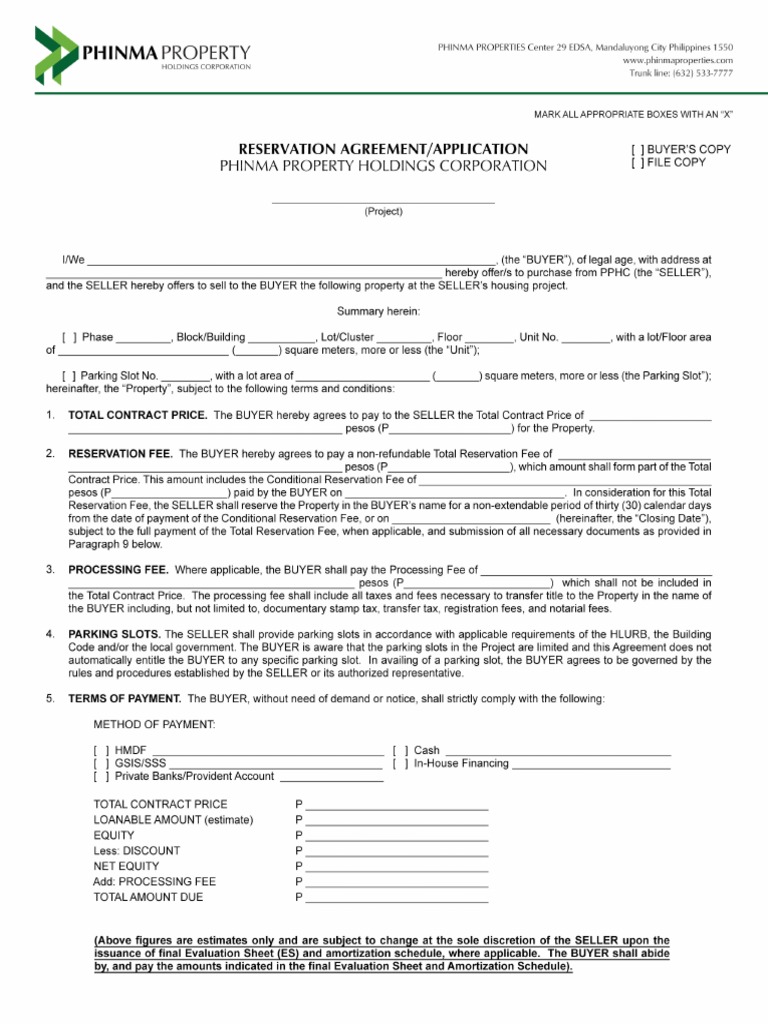 Reservation Agreement Form PDF