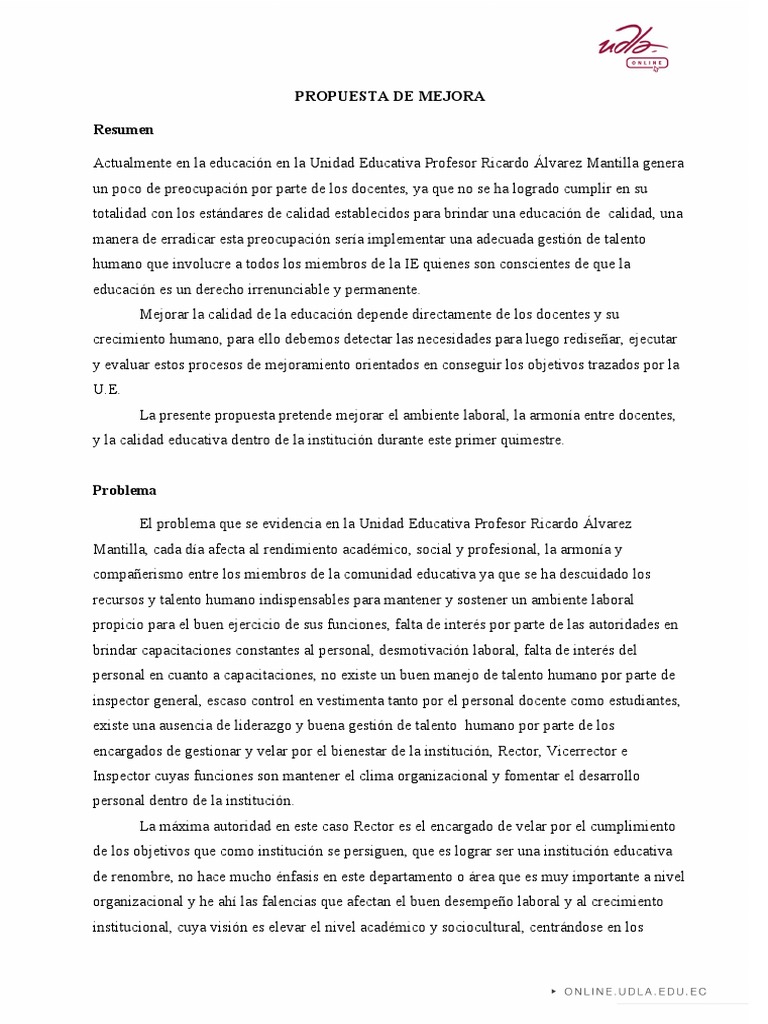 Propuesta de Mejora | PDF | Liderazgo | Método de enseñanza