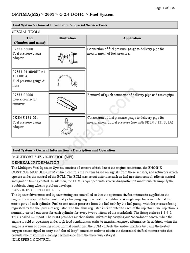 2001 Kia Optima Fuel System PDF Mechanical Engineering Engine