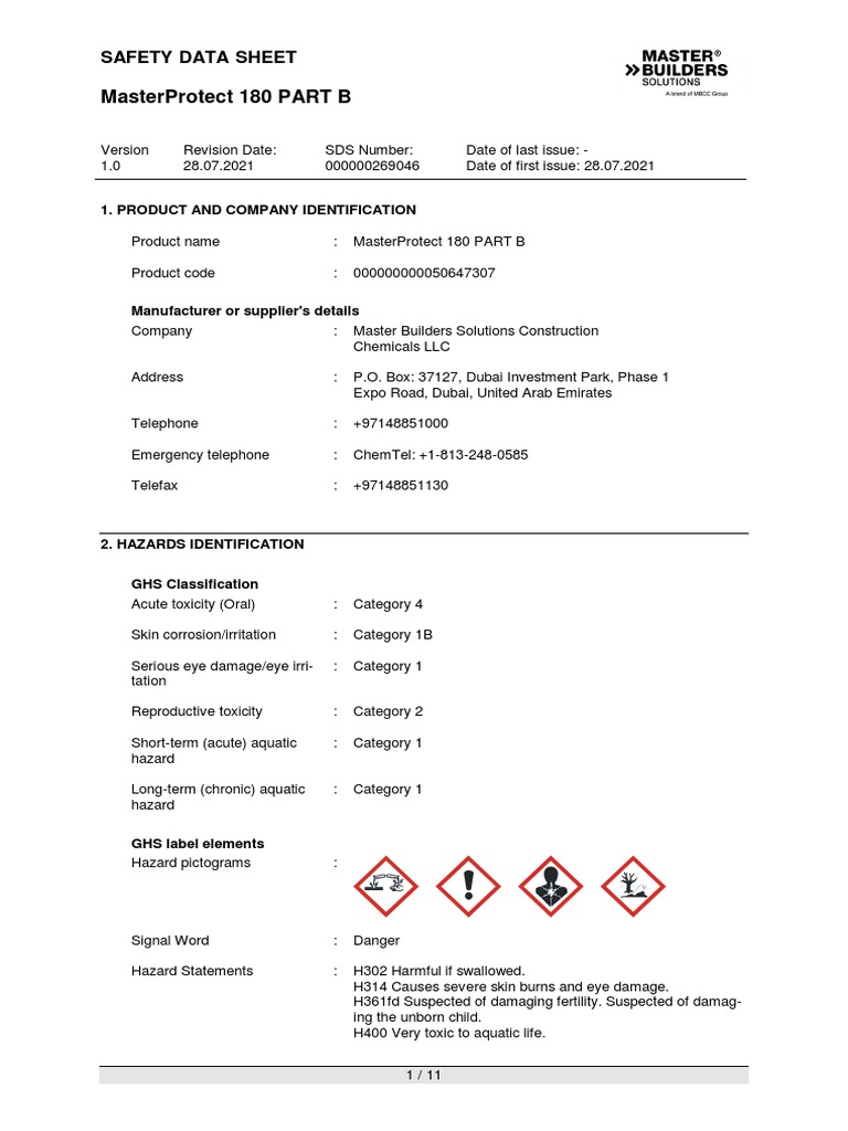 MasterProtect 180 Part B Safety Data Sheet | PDF | Toxicity | Dangerous ...