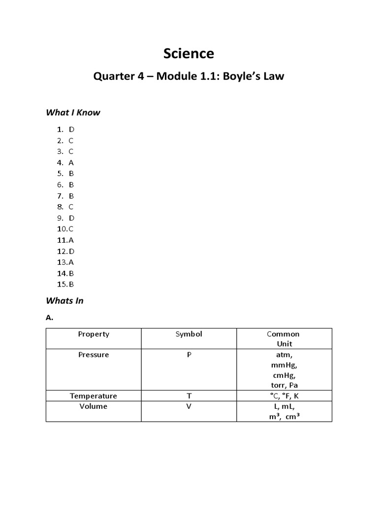Science10 Q4 Mod1 1 Boyles Law Pdf Pressure Gases