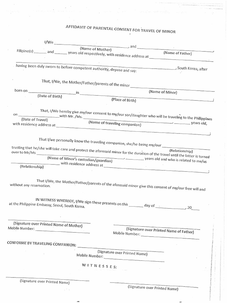 Affidavit of Parental Consent For Travel of Minor | PDF