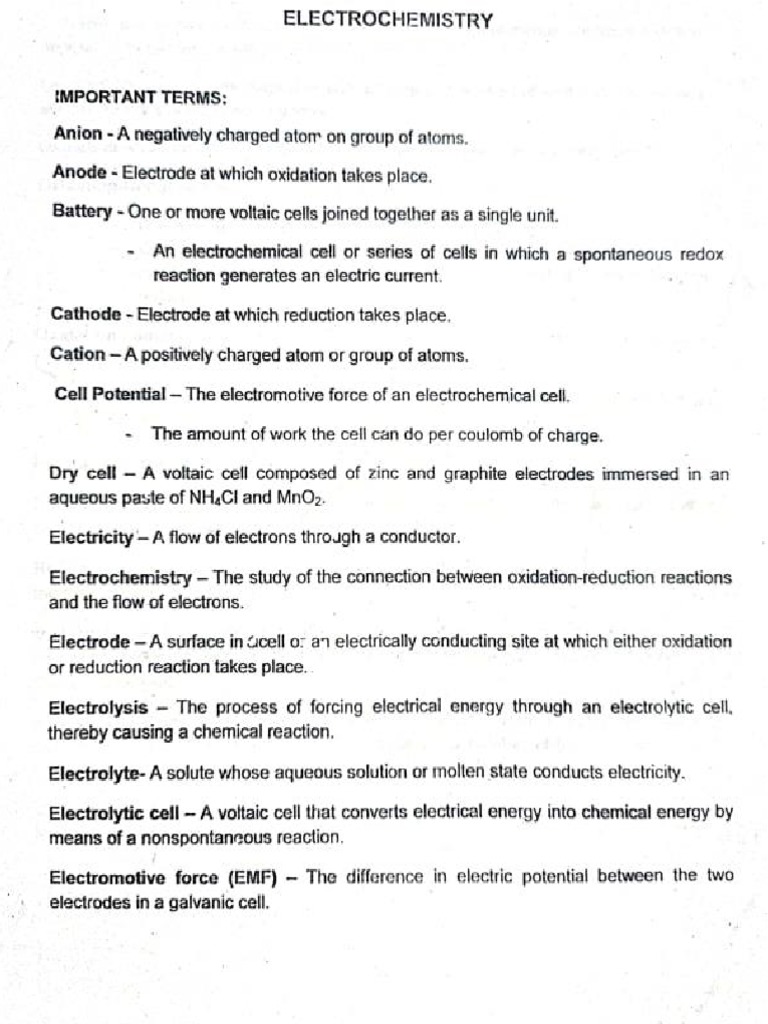 Electrochemistry Important Terms PDF